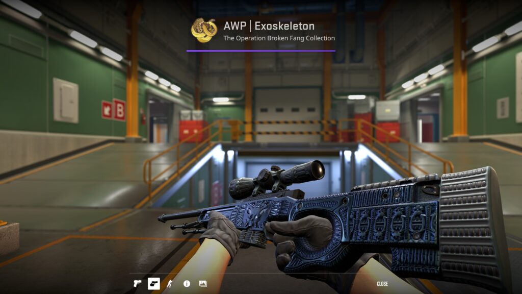 a battle-scarred AWP Exoskeleton skin preview, one of the AWP skins under $10 that does not lose quality with wear rating, but just changes colors