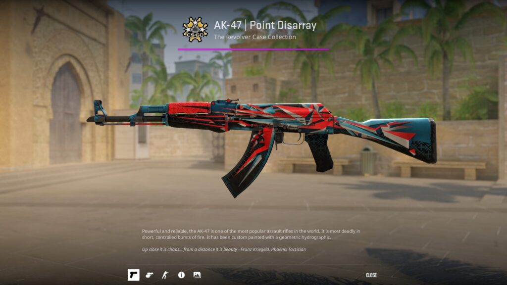 AK-47 Point Disarray in Field-Tested condition previewed on A site on Mirage