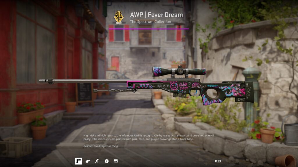 Factory new AWP Fever Dream skin previewed on Inferno, one of the more affordable AWP skins under $50 for all float ranges