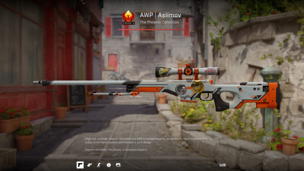 Most used skins from the flameZ loadout - Pley.gg AWP Asiimov with m0NESY, ZywOo, FURIA, and s1mple stickers from the flameZ loadout