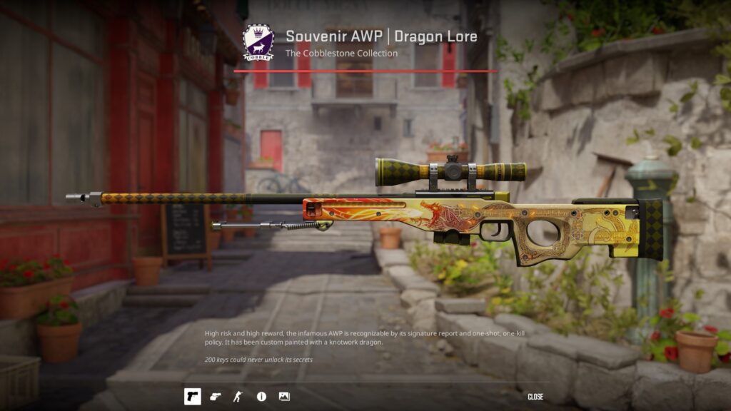 Souvenir AWP Dragon Lore skin, one of the staples of the m0NESY loadout