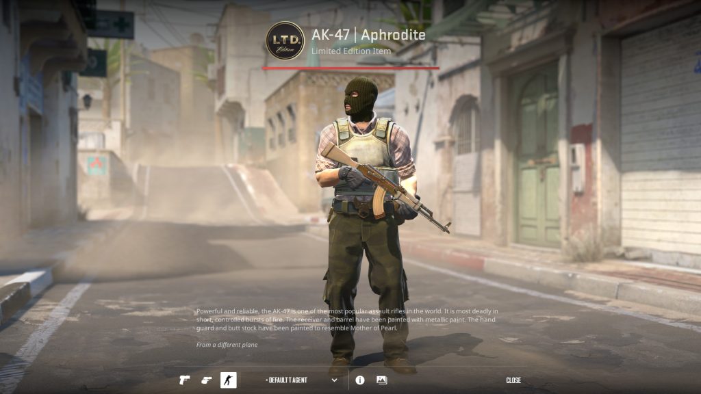 a T-Side agent standing on Dust 2 holding AK 47 Aphrodite, one of the cheapest Covert skins in CS2 with best quality