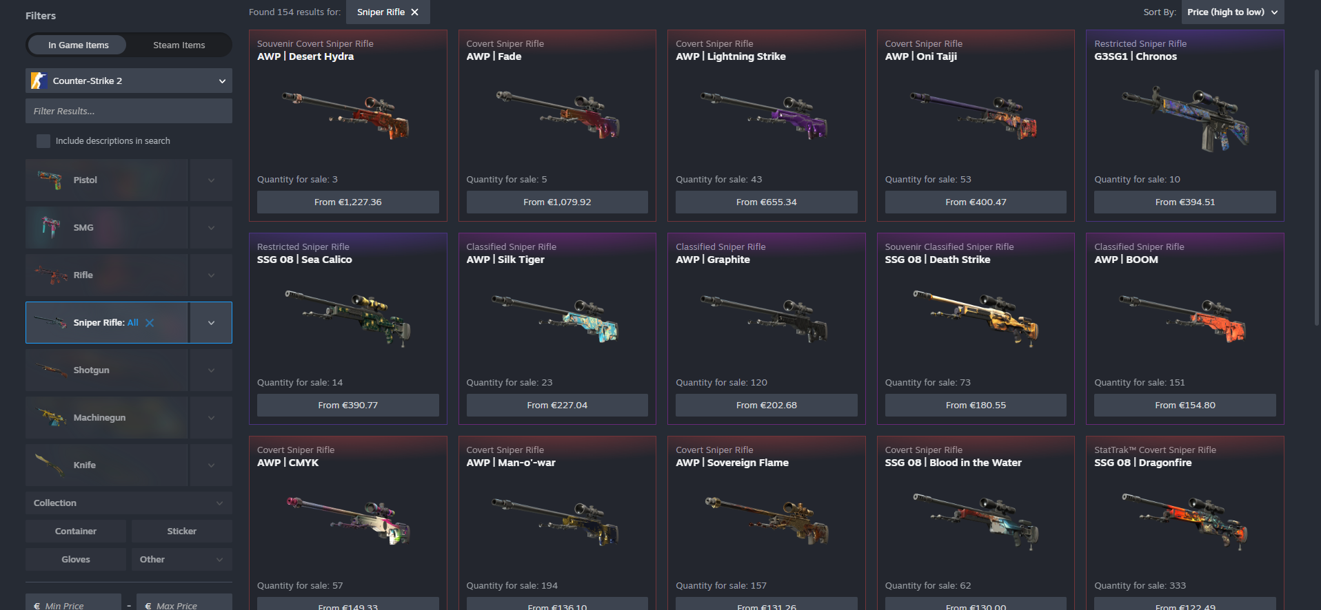 CS2 Steam market depiction of Sniper Rifles available for purchase