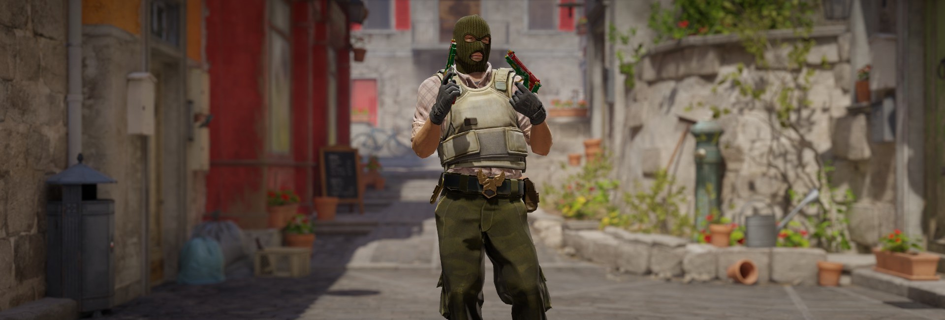 a T agent holding Dual Berettas Twin Turbo, one of the cheapest Classified skin in CS2