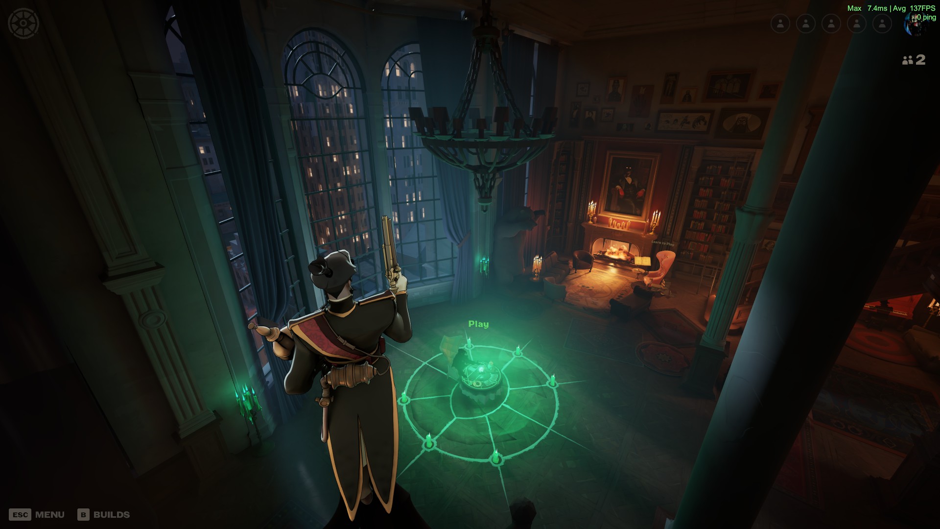 Mirage, a hero in the Deadlock game, standing inside the Hideout - which acts as the main hub for all players in the current Deadlock player count