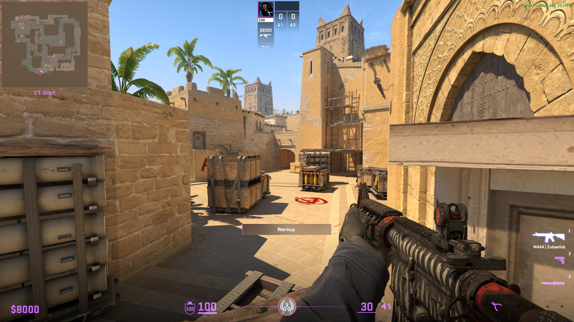 a CT agent standing on the Ticket boxes watching the A ramp with their CS2 viewmodel