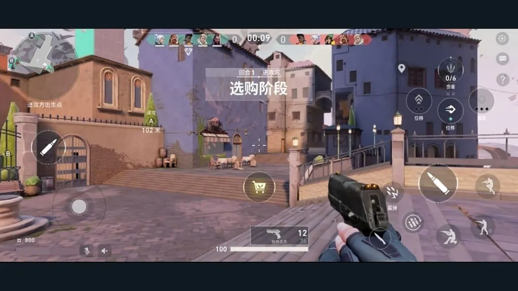 Valorant Mobile gameplay interface showing custom touch controls, virtual joysticks, and on-screen ability buttons for tactical 5v5 combat.