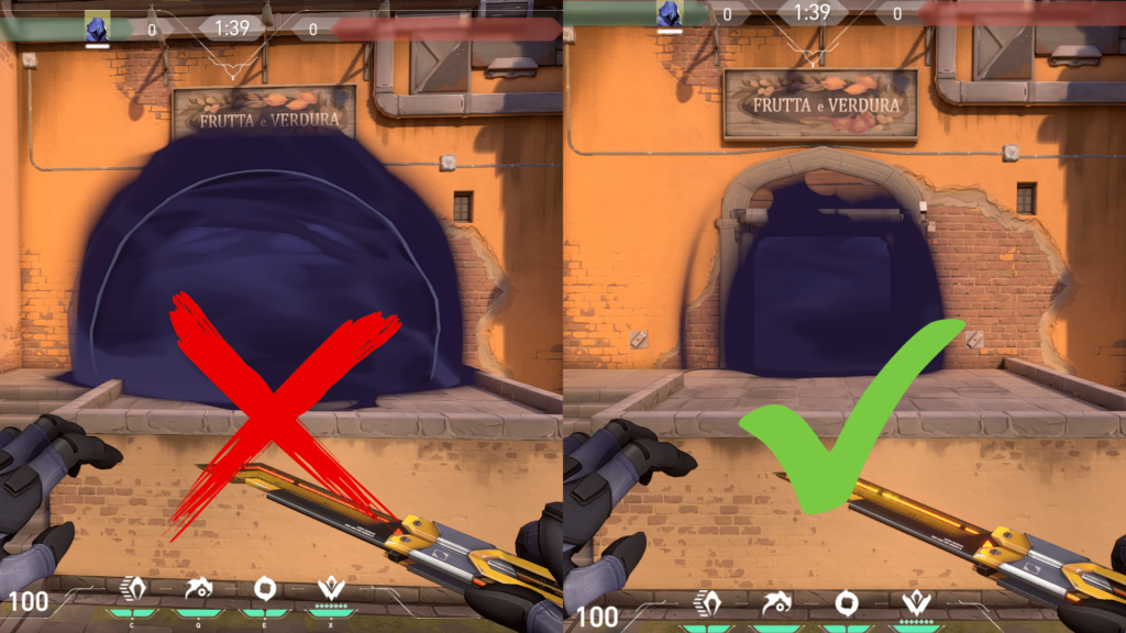 Valorant controllers - understanding the role of controllers in Valorant - Pley.gg A side-by-side comparison for controllers in Valorant showing the wrong way to smoke a chokepoint (bulging) versus the correct way (flush) to minimize enemy hiding spots.
